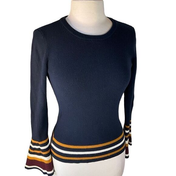 Marled Bell Sleeve Ribbed Contrast Sweater, M, Navy - Picture 1 of 14